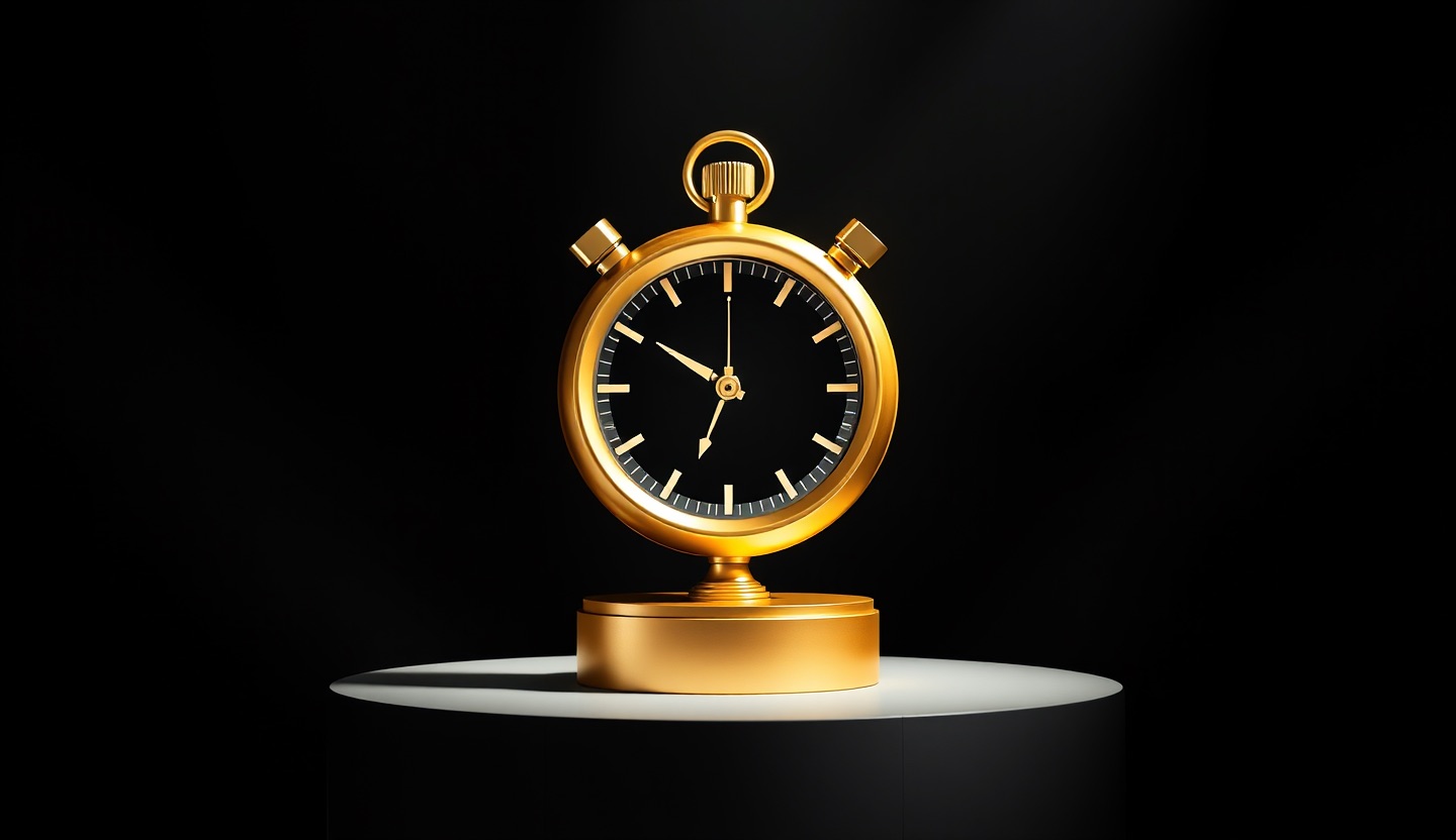 Un trophée doré en forme de chronomètre posé sur un podium sous un projecteur